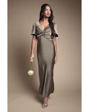 Oasis Satin Twist Front Angel Sleeve Midi Bridesmaid Dress - Brown