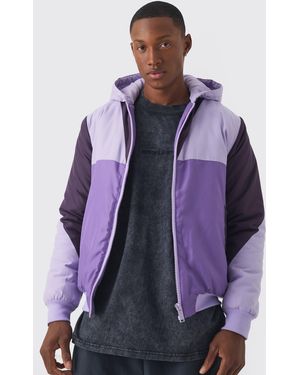 BoohooMAN Colour Block Hooded Padded Bomber Jacket - Purple