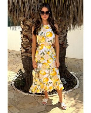 AX Paris Lemon Print Waist Cut Out Frill Hem Midi Dress - Metallic