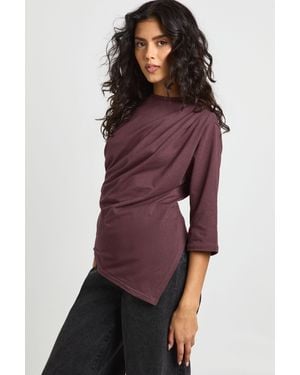 Boohoo Asymmetric Hem Cinched Waist 3/4 Sleeve T-Shirt - Purple