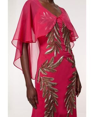 Karen Millen Feather Embellished Woven Cape Sleeve Maxi Dress - Red