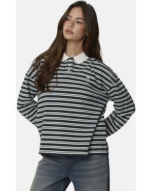Good For Nothing Striped Monogram Long Sleeve Polo - Grey