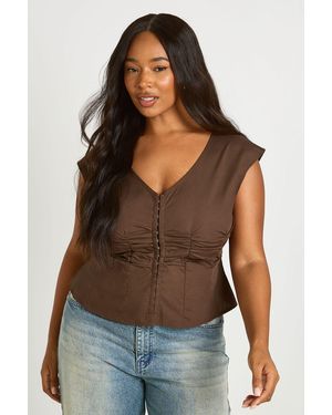 Boohoo Plus Hook And Eye Cinched Cap Sleeve Top - Brown