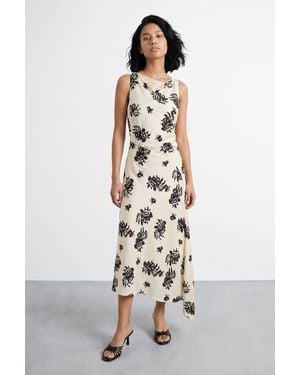 Warehouse Petite Floral Printed Racer Neck Seam Detail Bias Maxi Dress - White