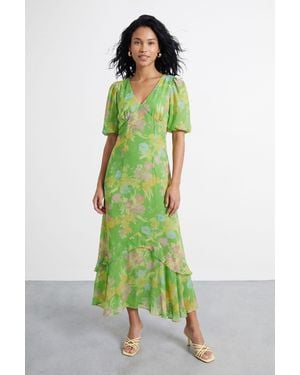 Warehouse Floral Printed Viscose Midi Dress - Green