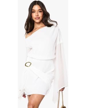 Boohoo Trim Belt Wrap Mini Dress - White