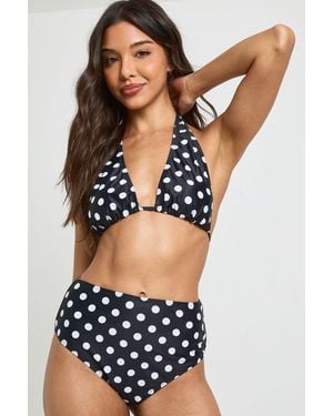 Boohoo Polka Dot Tummy Control Halterneck High Waisted Bikini Set - Blue