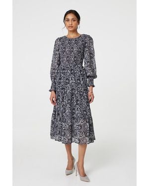 Izabel London Paisley Long Puff Sleeve Midi Smock Dress - Blue