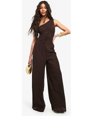 Boohoo Chiffon One Shoulder Ruched Jumpsuit - Brown