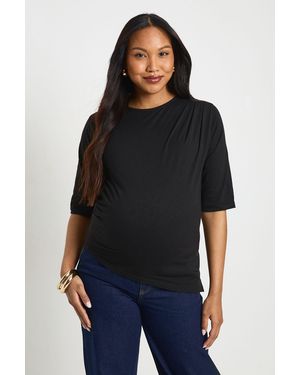Boohoo Maternity Asymmetric Hem Cinched Waist 3/4 Sleeve T-Shirt - Black
