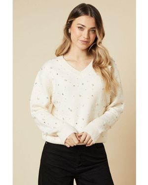 Dorothy Perkins Embellished Ribbed V Neck Jumper - Natural