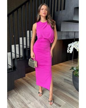 AX Paris Hot Sleeveless Draped Top Ruched Skirt Midi Dress - Pink