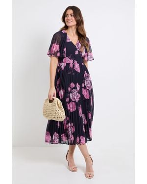 Wallis Floral Pleated Cape Sleeve Midi Dress - Blue