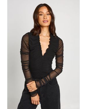 Boohoo Tall Mesh Ruched Neckline Long Sleeve Bodysuit - Black