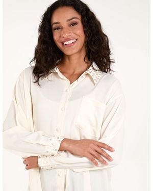Blue Vanilla Embellished Collar & Cuff Satin Shirt - White