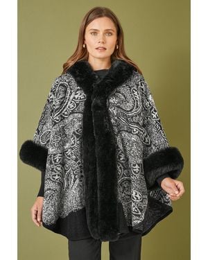 Yumi' Faux Fur Trim Cape With Paisley Print - Black