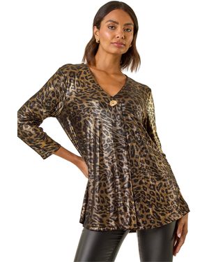 Roman Metallic Animal Print Tunic Top - Brown
