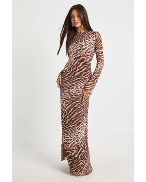 Boohoo Mixed Animal Mesh Flare Sleeve Maxi Dress - Brown