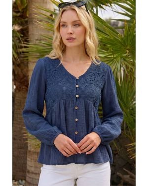 Roman Crochet Button Up Blouse - Blue
