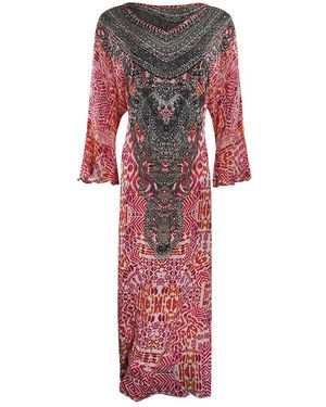 Inoa Shiraz 1923 Print Frill Sleeve Long Kaftan Cover Up Silk - Red