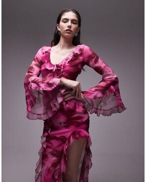 TOPSHOP V Neck Ruffle Midi Dress With Split - Purple