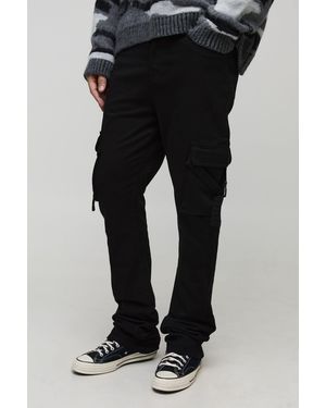 BoohooMAN Tall Fixed Waist Stretch Slim Stacked Flare Strap Cargo Trouser - Black