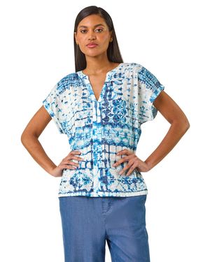 Roman Burnout Print Lace Shoulder Top - Blue