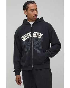 BoohooMAN Oversized Boxy Ofclman Applique Dragon Wash Zip Through Hoodie - Blue