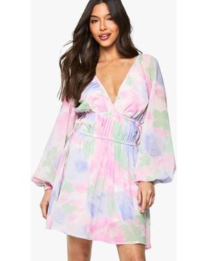 Boohoo Floral Tie Waist Balloon Sleeve Mini Dress - White