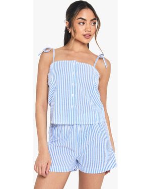 Boohoo Seersucker Stripe Button Cami & Short Pyjama Set - Blue