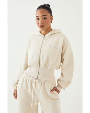 DSGN Studio Script Embroidered Cinched Deep Hem Zip Through Hoodie - Natural