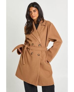Boohoo Belted Double Breasted Wool Look Coat - Brown