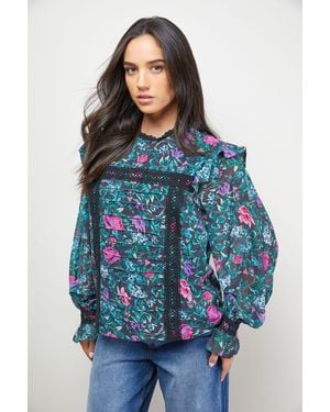 Oasis Printed Lace Trim Pleat Detail Boho Blouse - Blue
