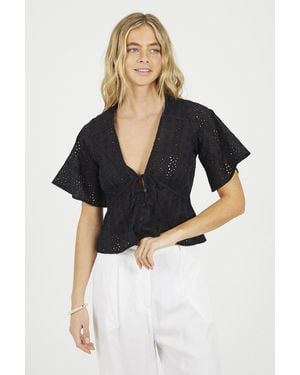 Brave Soul Cotton Broidery V-Neck Short Sleeve Top - Blue