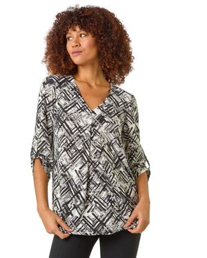 Roman Geometric Print Pleat Front Top - Grey