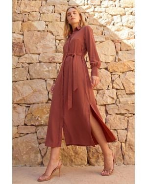 Roman Tie Waist Buttoned Shirt Dress - Brown