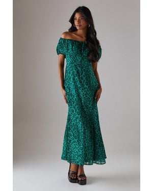 Warehouse Chiffon Bardot Godet Insert Milkmaid Midi Dress - Green