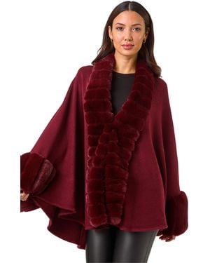 Roman Faux Fur Trim Knitted Poncho - Red
