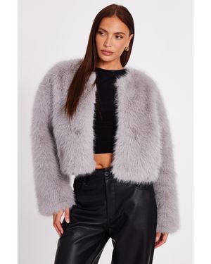 Quiz Collarless Faux Fur Jacket - Grey