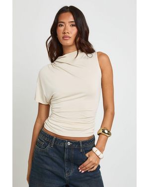 Boohoo Ruched High Neck One Sleeve Top - White