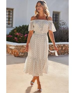 Sosandar Spot Print Bardot Tiered Maxi Dress - White