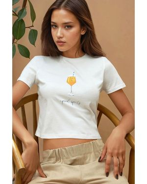 Hiccup Printed Regular Fit Crew Neck 100% Cotton Crop T-Shirt - Brown