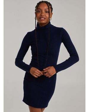 Pink Vanilla Chunky Brushed Rib Roll Neck Dress - Blue