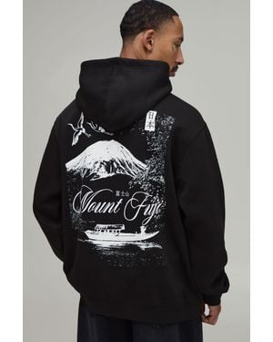BoohooMAN Oversized Mount Fuji Graphic Hoodie Cotton - Black