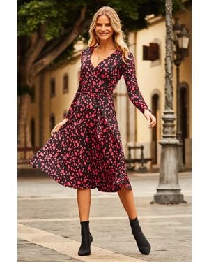 Sosandar Fleck Print Ruched Shoulder Wrap Jersey Dress - Black