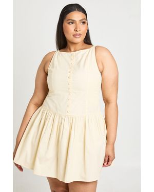 Boohoo Plus Boat Neck Button Down Detail Skater Mini Dress - Natural