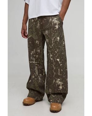 BoohooMAN Pinstripe Stitch Camo Print Baggy Fit Cargo Trousers - Multicolour