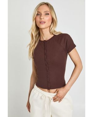 Boohoo Petite Rib Button Through Cap Sleeve Top - Brown