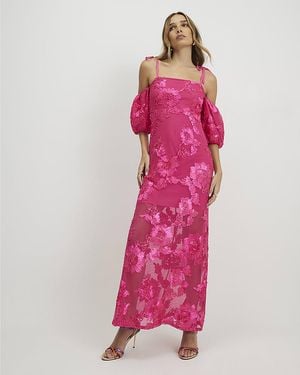 River Island Maxi Dress Cornelli Design Square Neck - Pink