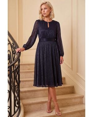 Roman Petite Crinkle Keyhole Buttoned Dress - Blue